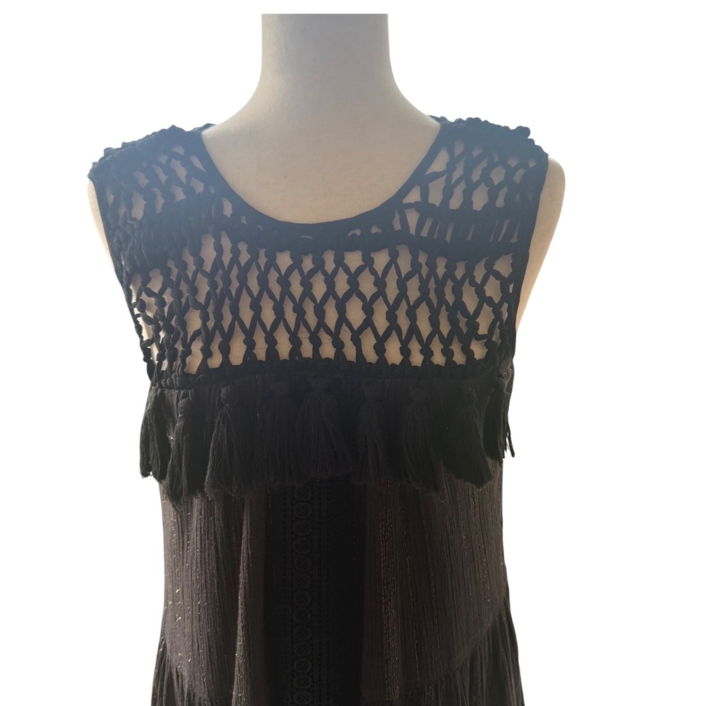 Maeve Anthropologie Black Metallic Stripe Boho Crochet Tassel Maxi Dress Small - Picture 3 of 10